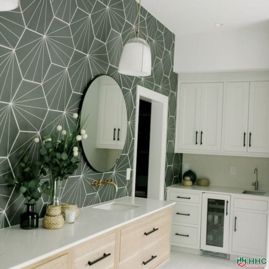 Gạch ốp tường tổ ong màu xám quạt lục giác